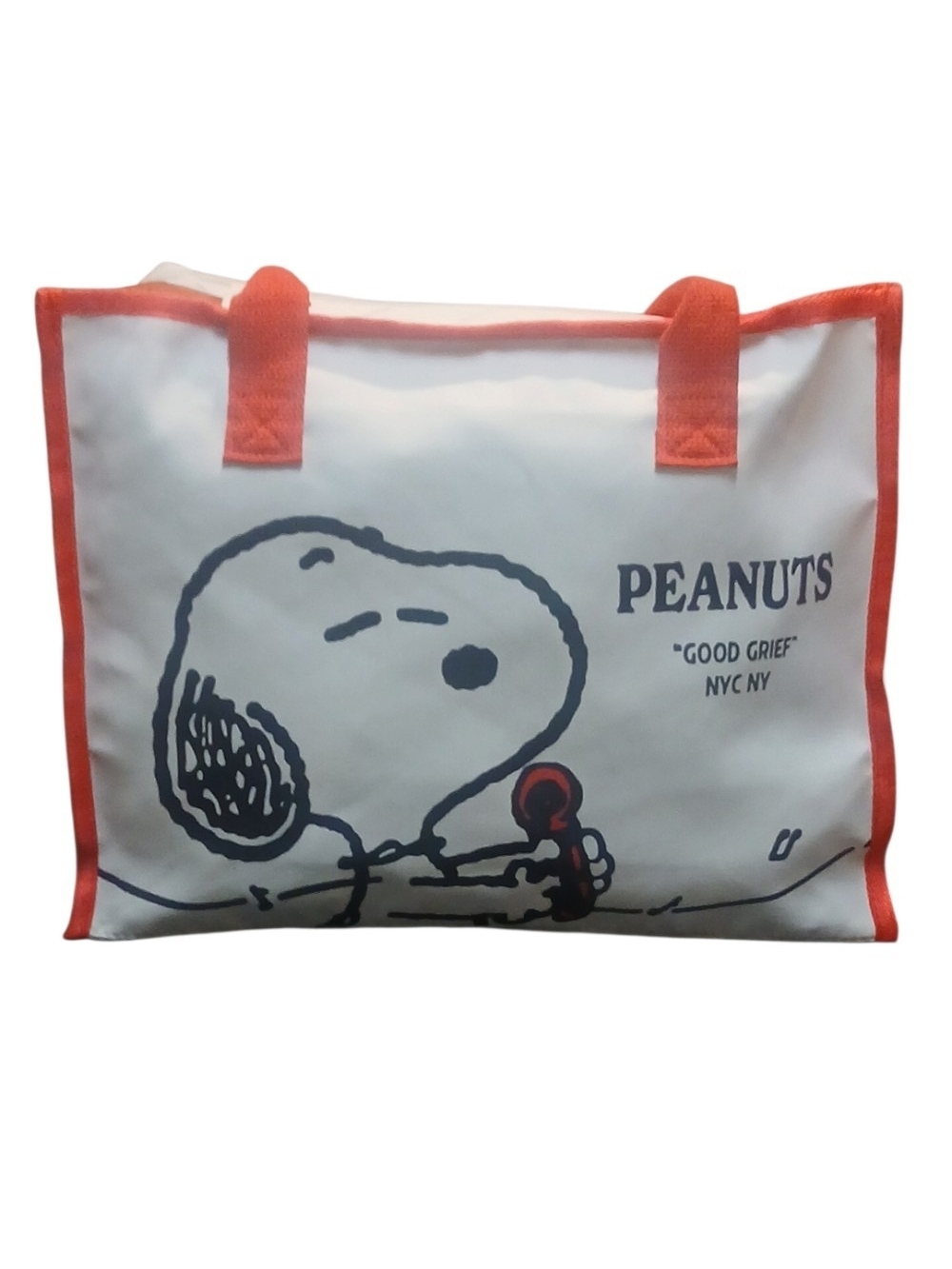 Peanuts -Snoopy Performing in NYC, Holding Mic,Large Tote Bag Red Trim & Handles